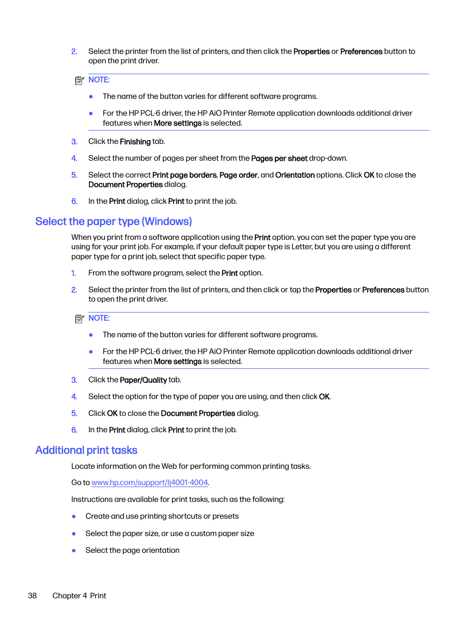 Select the paper type (windows), Additional print tasks | HP LaserJet Pro 4001dw Monochrome Wireless Printer User Manual | Page 47 / 158