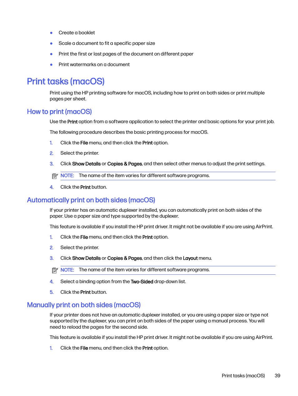 Print tasks (macos), How to print (macos), Automatically print on both sides (macos) | Manually print on both sides (macos) | HP LaserJet Pro 4001dw Monochrome Wireless Printer User Manual | Page 48 / 158