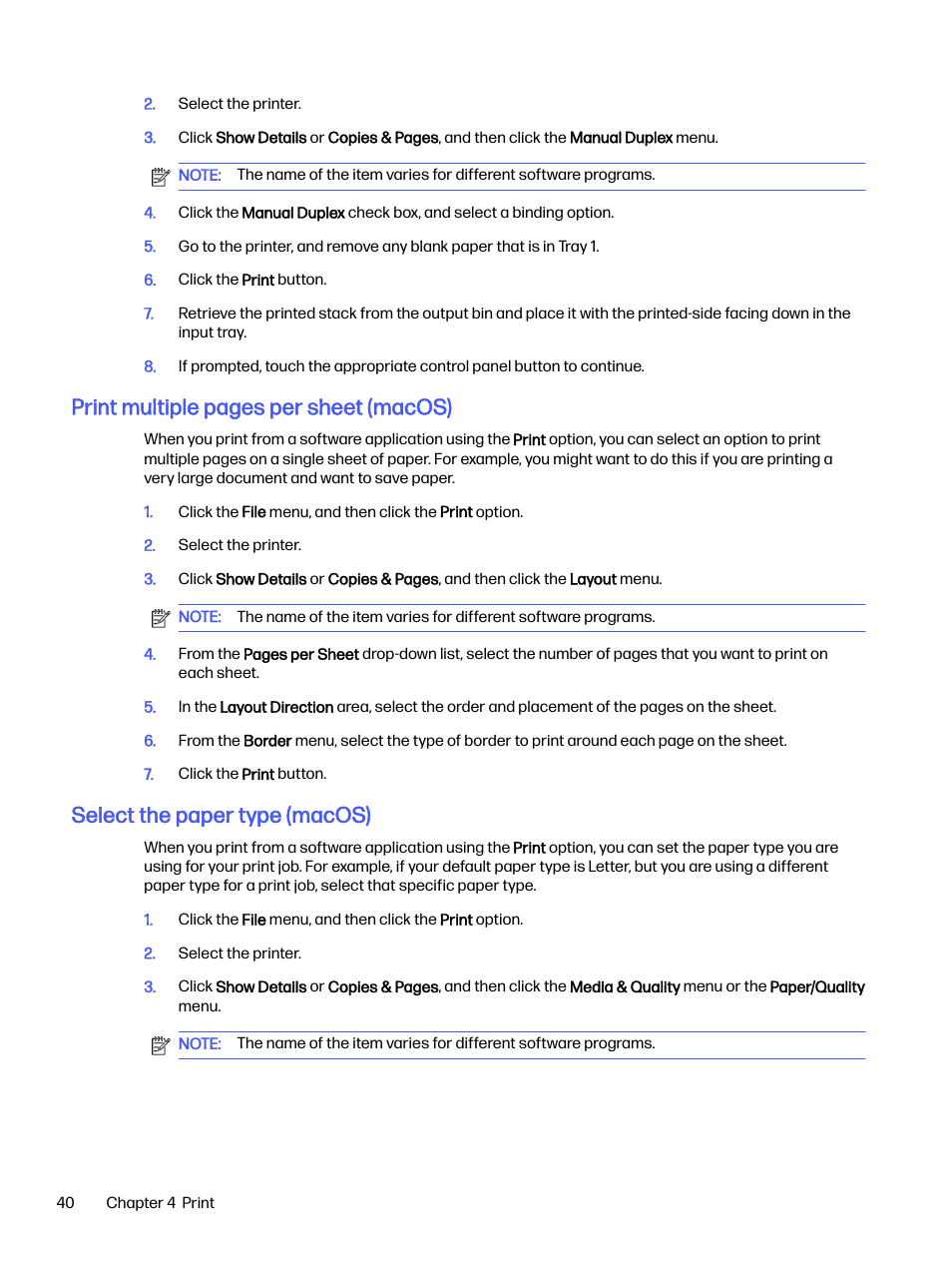 Select the paper type (macos), Print multiple pages per sheet (macos) | HP LaserJet Pro 4001dw Monochrome Wireless Printer User Manual | Page 49 / 158