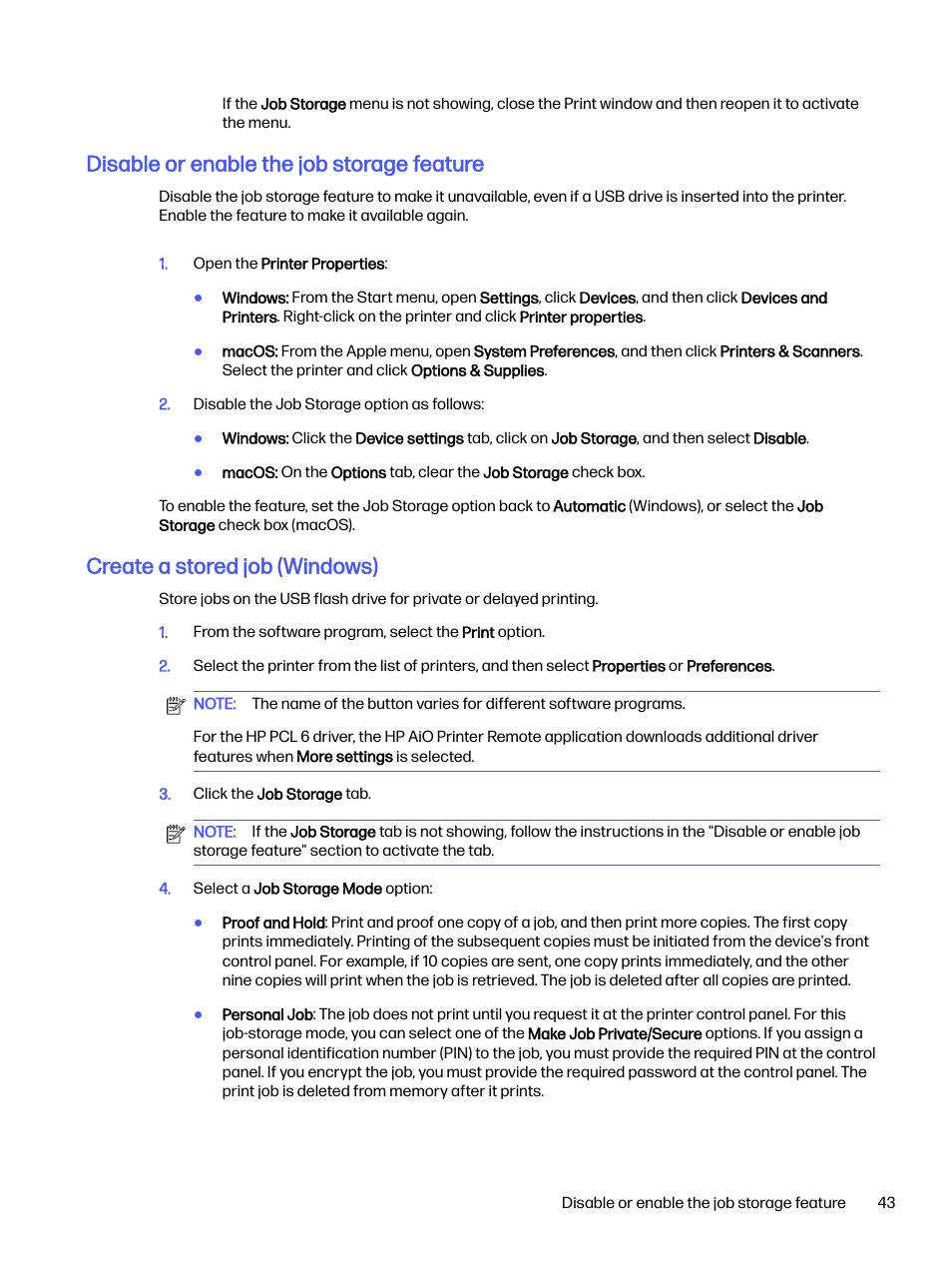 Disable or enable the job storage feature, Create a stored job (windows) | HP LaserJet Pro 4001dw Monochrome Wireless Printer User Manual | Page 52 / 158