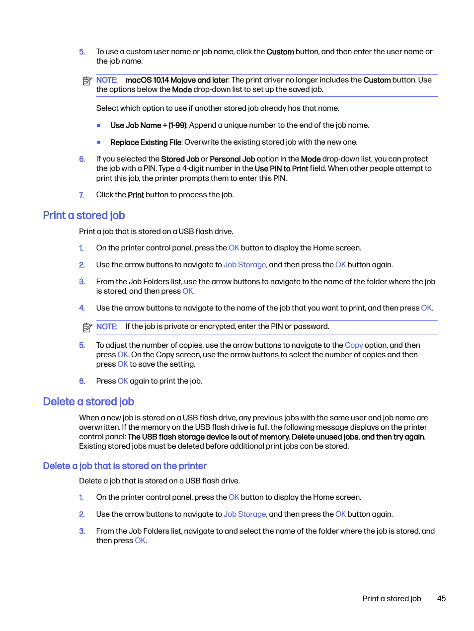 Print a stored job, Delete a stored job | HP LaserJet Pro 4001dw Monochrome Wireless Printer User Manual | Page 54 / 158