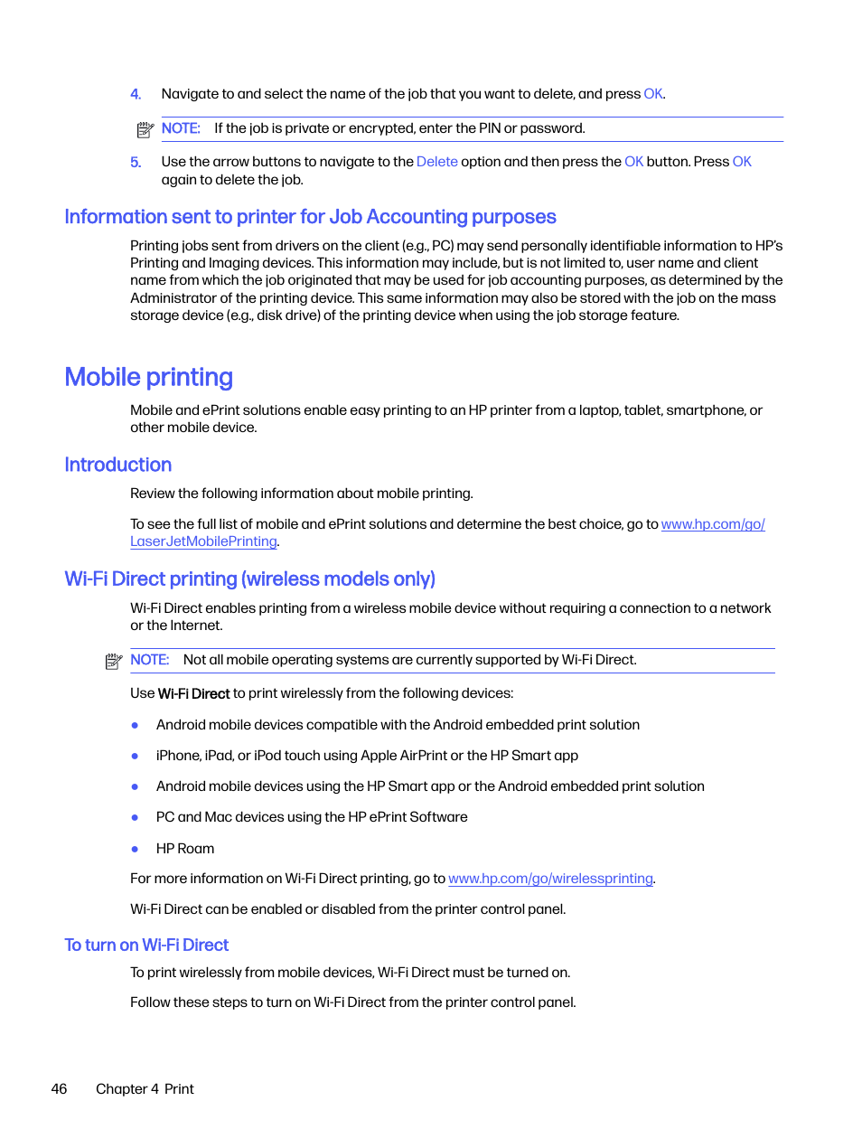 Mobile printing, Introduction, Wi-fi direct printing (wireless models only) | HP LaserJet Pro 4001dw Monochrome Wireless Printer User Manual | Page 55 / 158