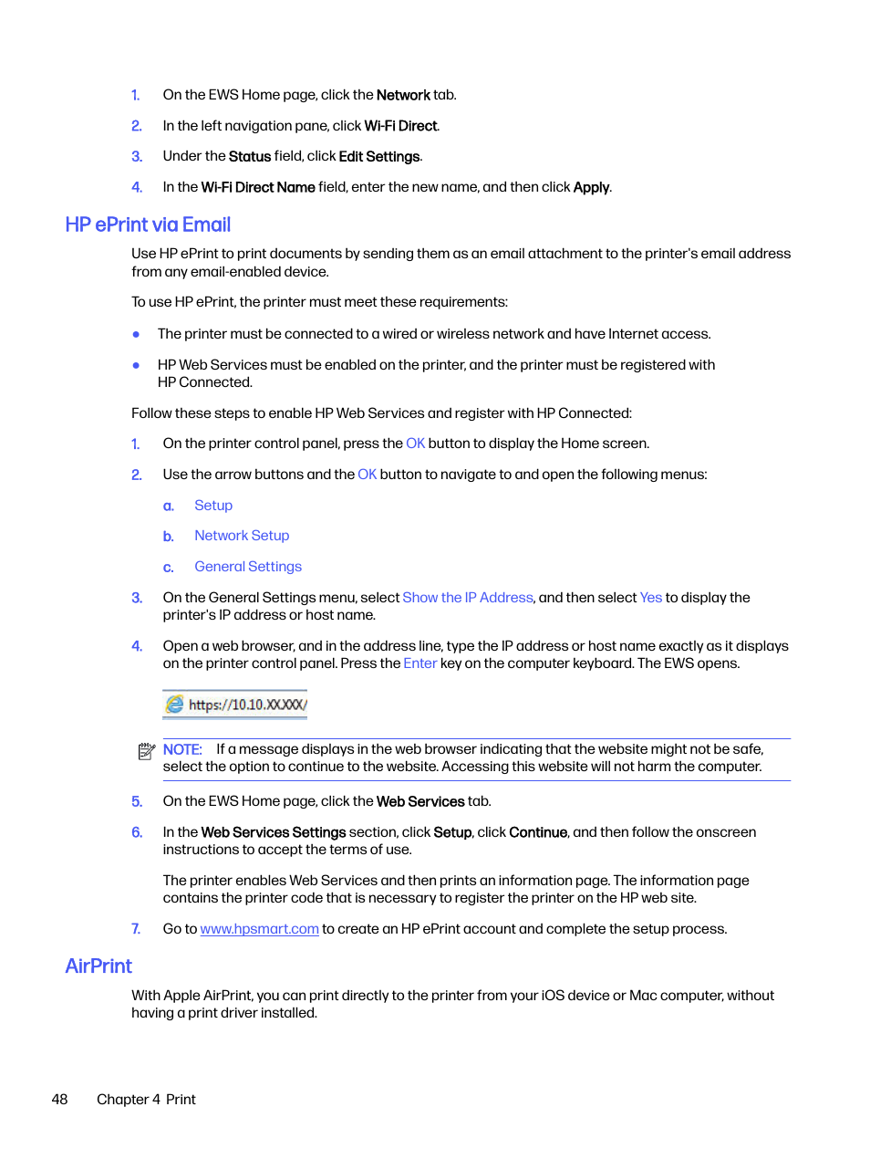 Hp eprint via email, Airprint | HP LaserJet Pro 4001dw Monochrome Wireless Printer User Manual | Page 57 / 158