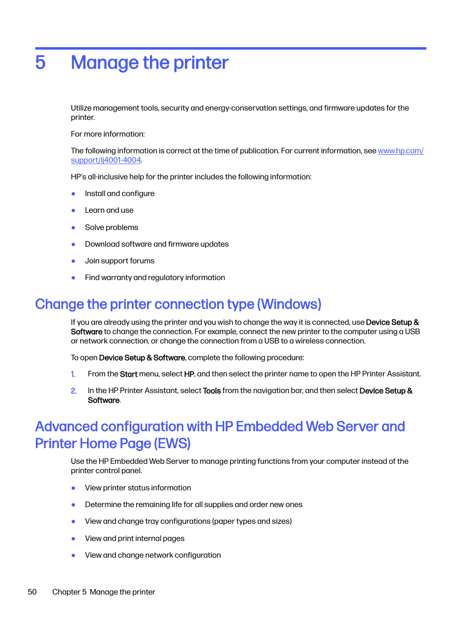 Manage the printer, Change the printer connection type (windows), 5 manage the printer | Manage the printer 5 | HP LaserJet Pro 4001dw Monochrome Wireless Printer User Manual | Page 59 / 158