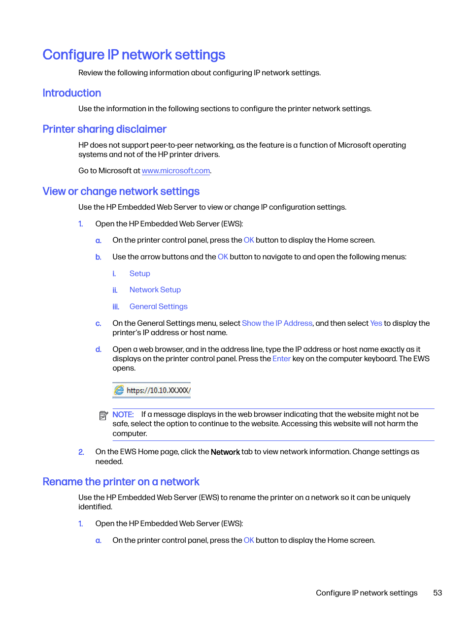 Configure ip network settings, Introduction, Printer sharing disclaimer | View or change network settings, Rename the printer on a network | HP LaserJet Pro 4001dw Monochrome Wireless Printer User Manual | Page 62 / 158