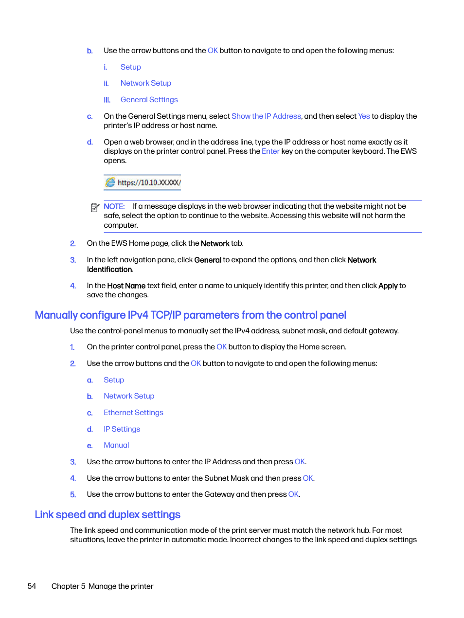 Link speed and duplex settings | HP LaserJet Pro 4001dw Monochrome Wireless Printer User Manual | Page 63 / 158