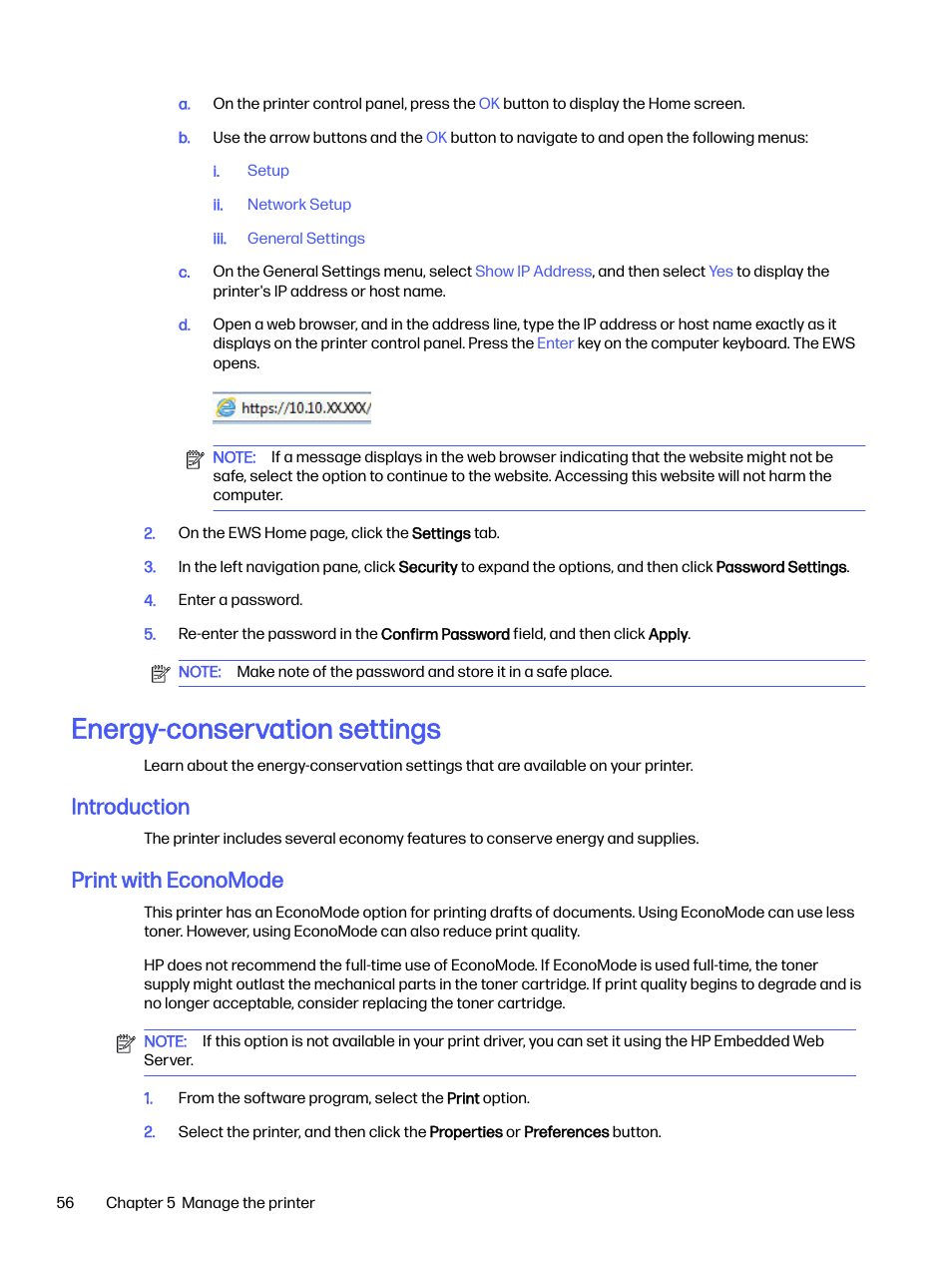 Energy-conservation settings, Introduction, Print with economode | HP LaserJet Pro 4001dw Monochrome Wireless Printer User Manual | Page 65 / 158