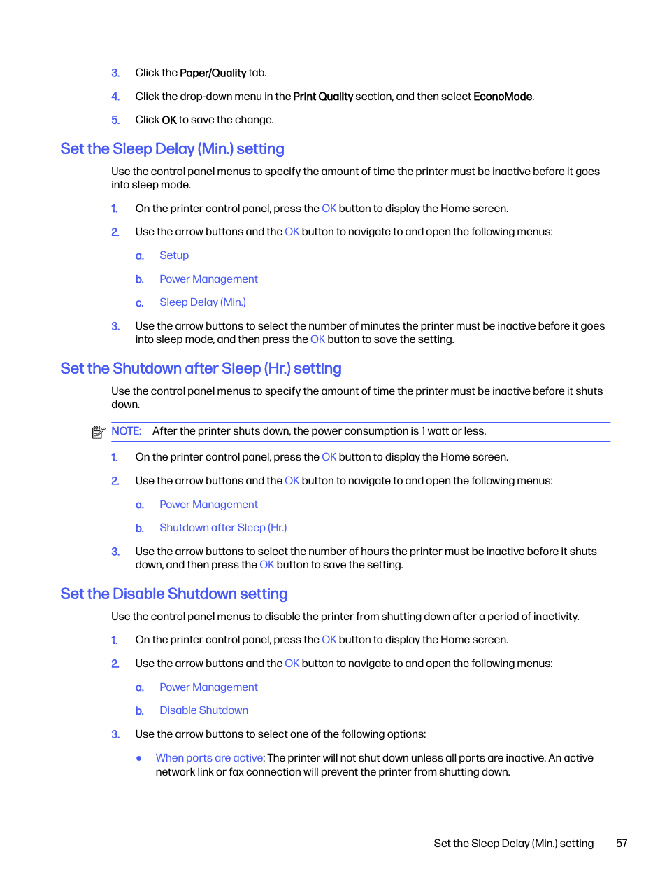 Set the sleep delay (min.) setting, Set the shutdown after sleep (hr.) setting, Set the disable shutdown setting | HP LaserJet Pro 4001dw Monochrome Wireless Printer User Manual | Page 66 / 158