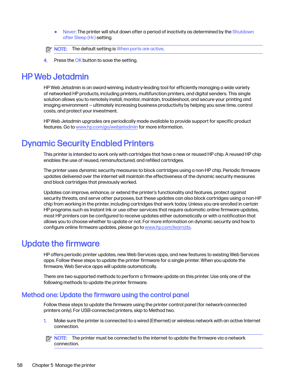 Hp web jetadmin, Dynamic security enabled printers, Update the firmware | HP LaserJet Pro 4001dw Monochrome Wireless Printer User Manual | Page 67 / 158