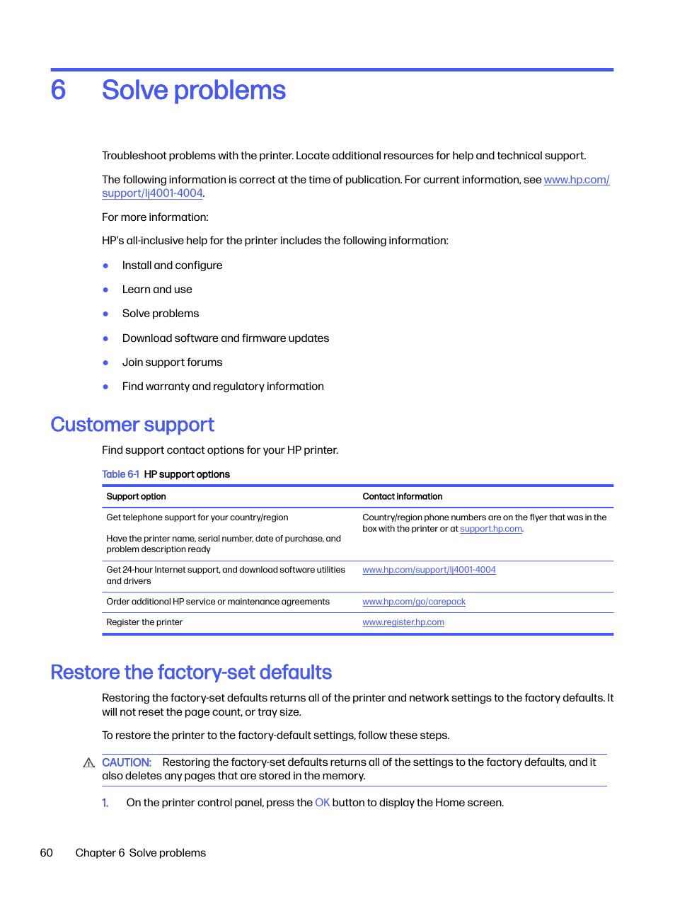 Solve problems, Customer support, Restore the factory-set defaults | 6 solve problems, Solve problems 6 | HP LaserJet Pro 4001dw Monochrome Wireless Printer User Manual | Page 69 / 158