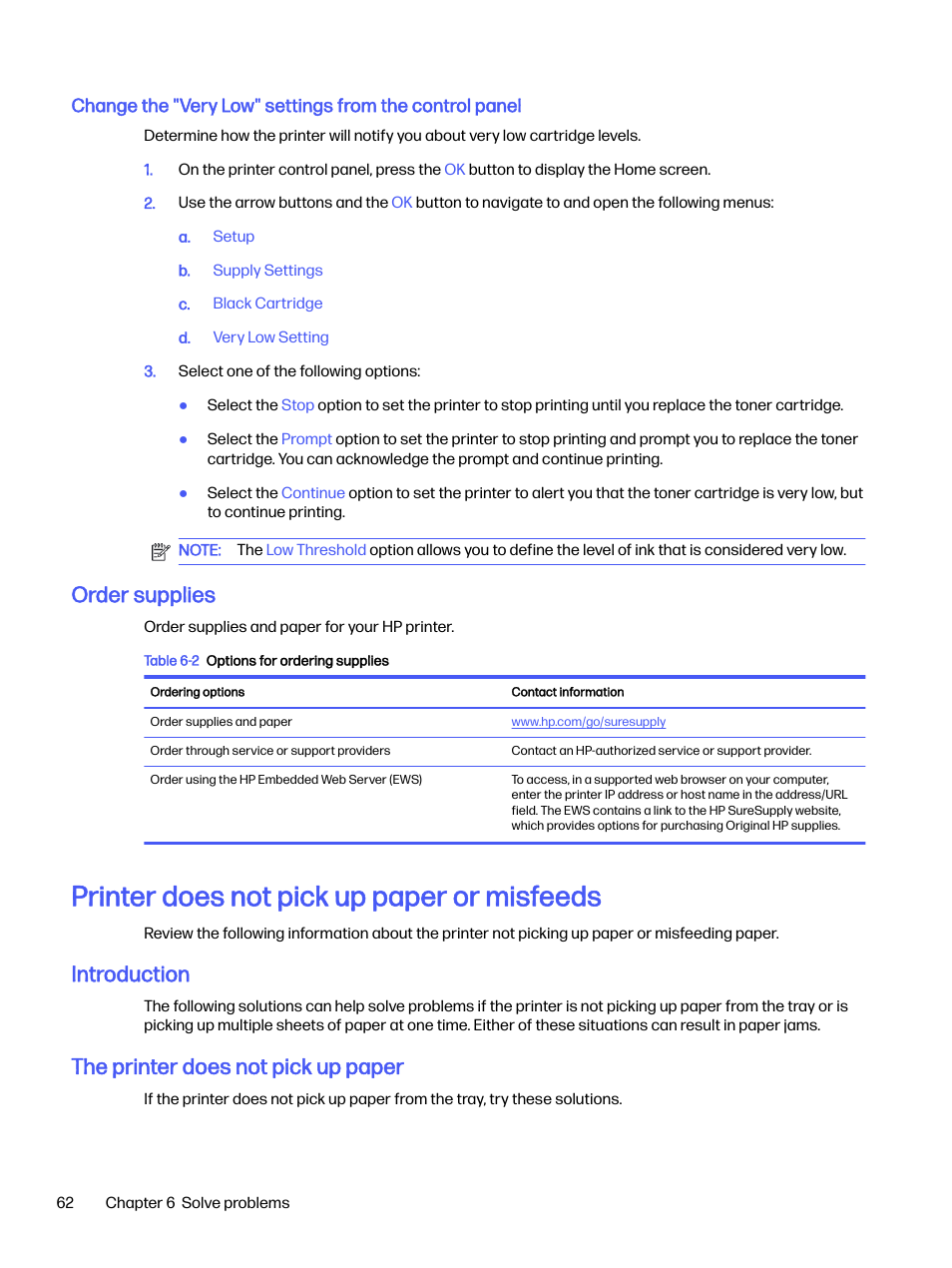 Order supplies, Printer does not pick up paper or misfeeds, Introduction | The printer does not pick up paper | HP LaserJet Pro 4001dw Monochrome Wireless Printer User Manual | Page 71 / 158