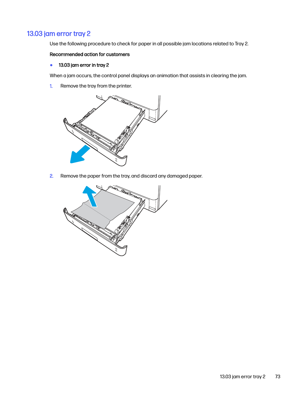 03 jam error tray 2 | HP LaserJet Pro 4001dw Monochrome Wireless Printer User Manual | Page 82 / 158