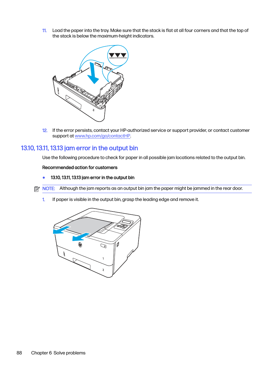 10, 13.11, 13.13 jam error in the output bin | HP LaserJet Pro 4001dw Monochrome Wireless Printer User Manual | Page 97 / 158