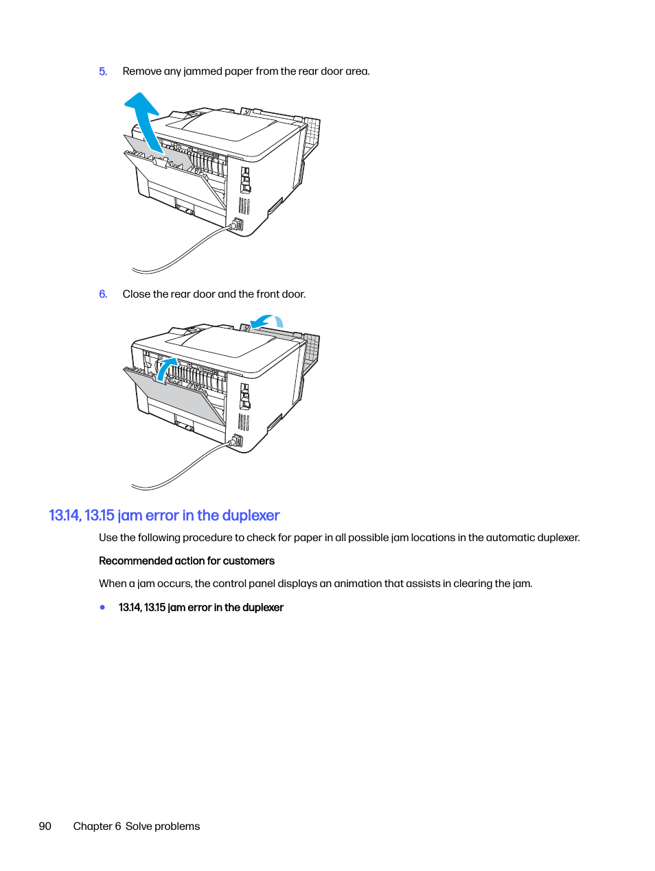 14, 13.15 jam error in the duplexer | HP LaserJet Pro 4001dw Monochrome Wireless Printer User Manual | Page 99 / 158