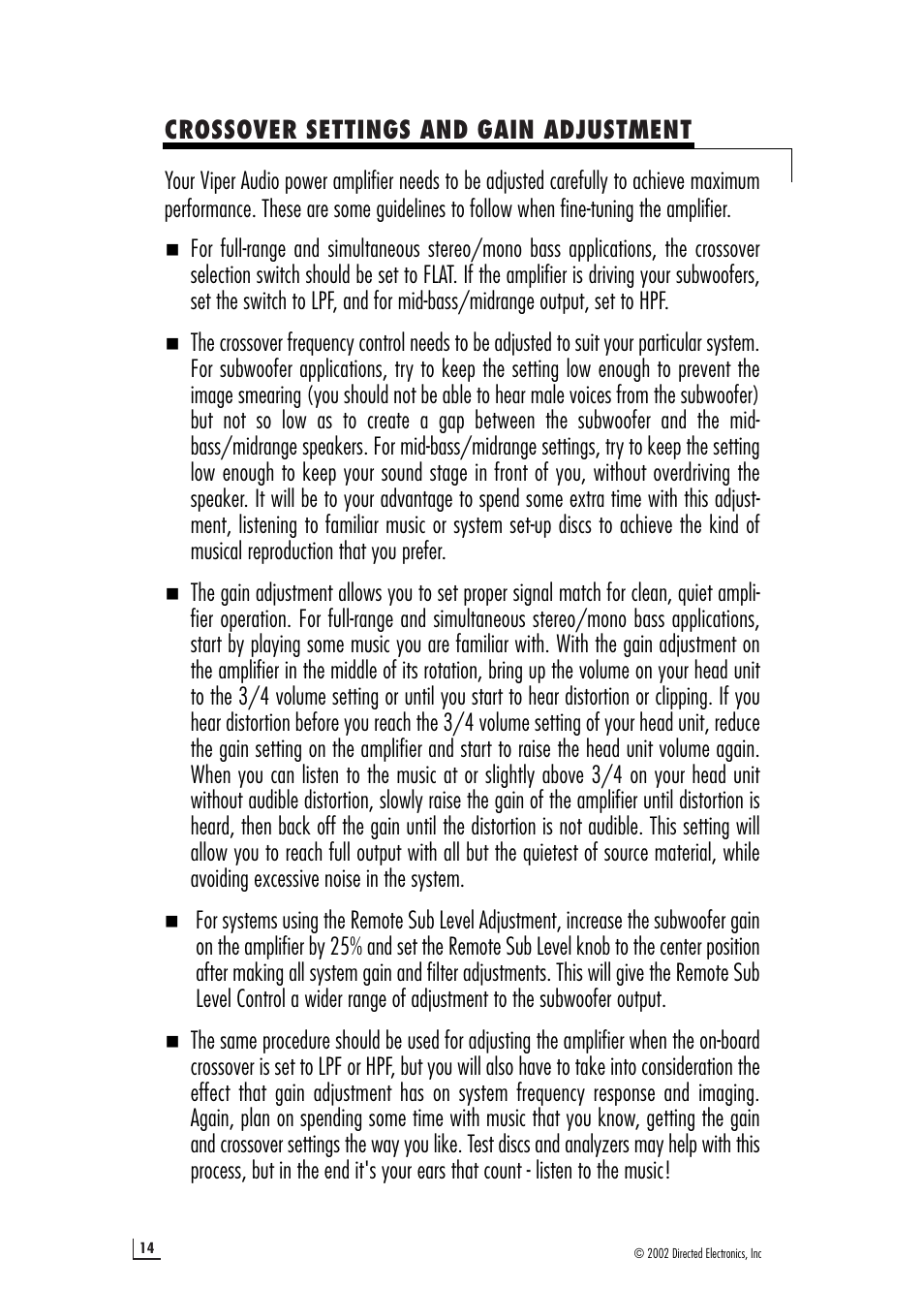 Crossover settings and gain adjustment | Directed Electronics 550.6 User Manual | Page 14 / 16