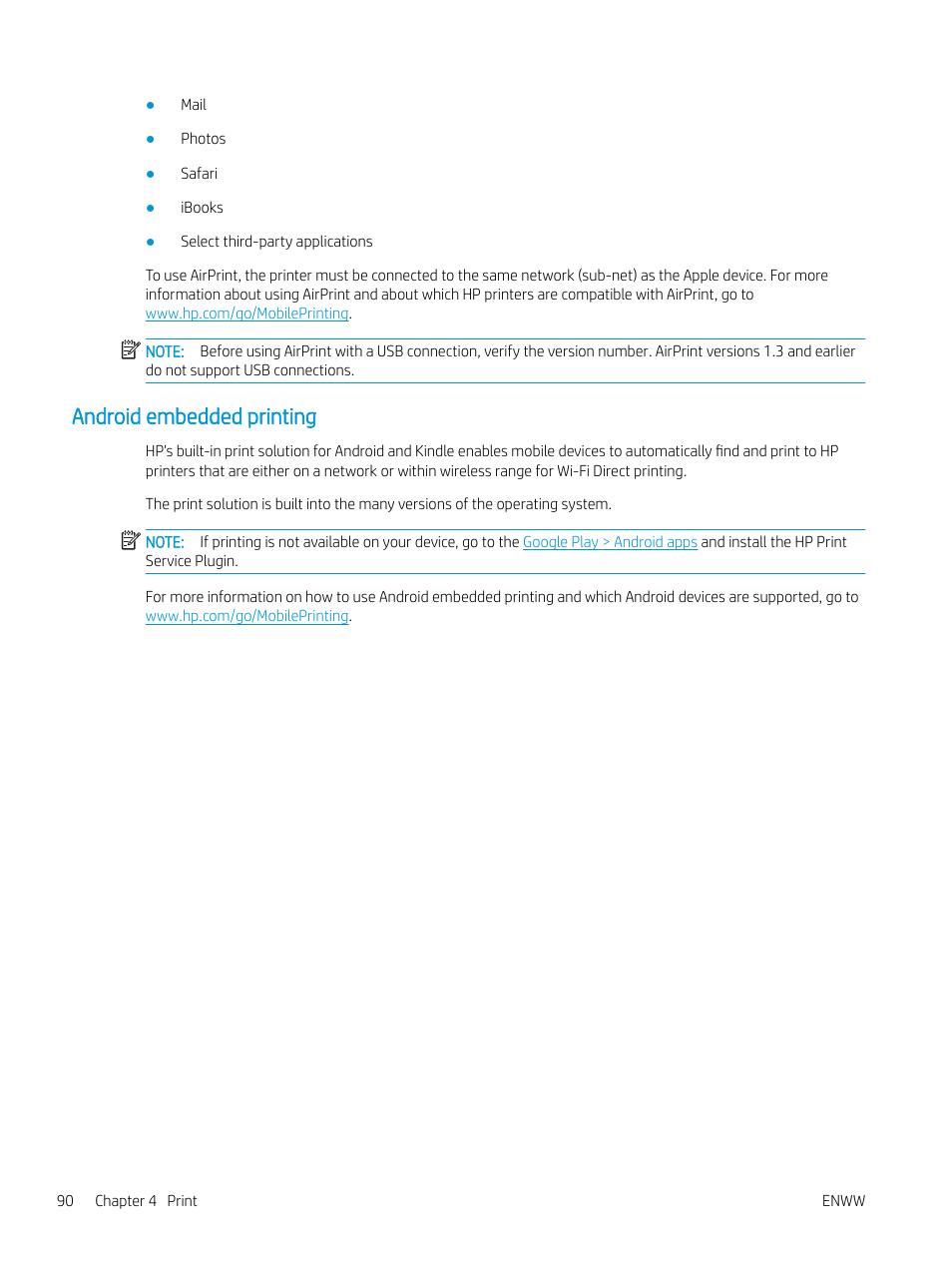 Android embedded printing | HP Color LaserJet Enterprise M751n Laser Printer User Manual | Page 100 / 190