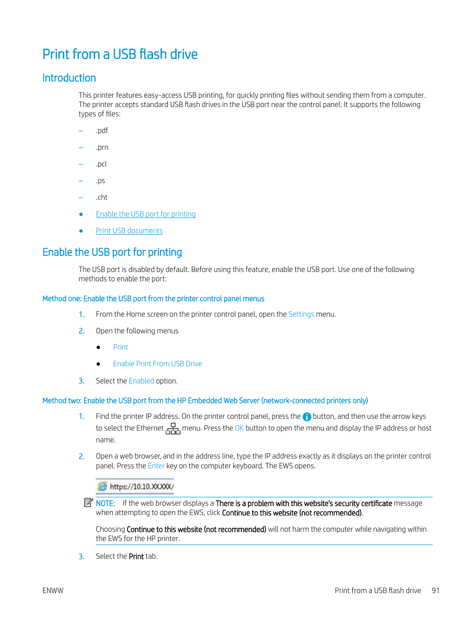 Print from a usb flash drive, Introduction, Enable the usb port for printing | Introduction enable the usb port for printing | HP Color LaserJet Enterprise M751n Laser Printer User Manual | Page 101 / 190