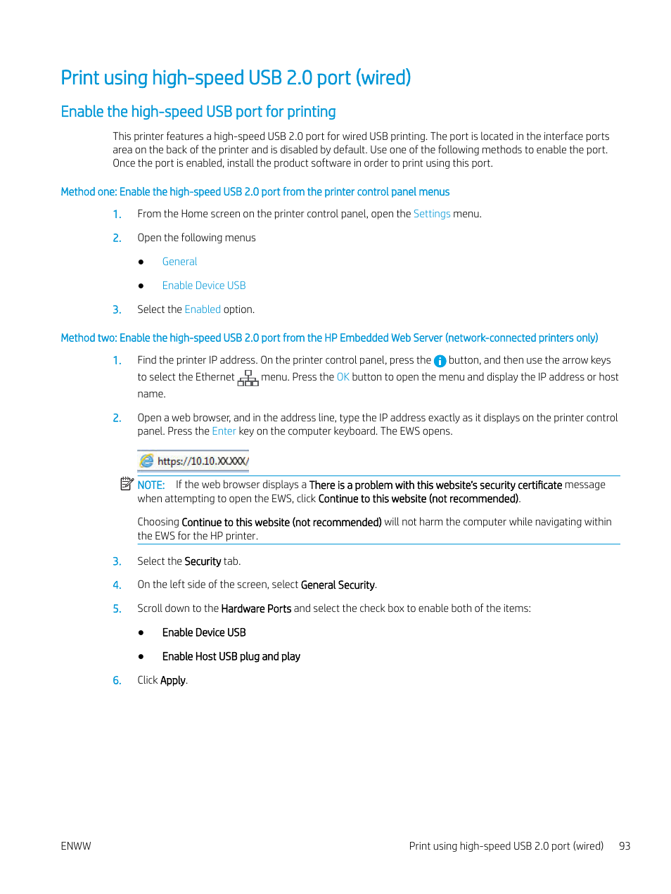 Print using high-speed usb 2.0 port (wired), Enable the high-speed usb port for printing | HP Color LaserJet Enterprise M751n Laser Printer User Manual | Page 103 / 190