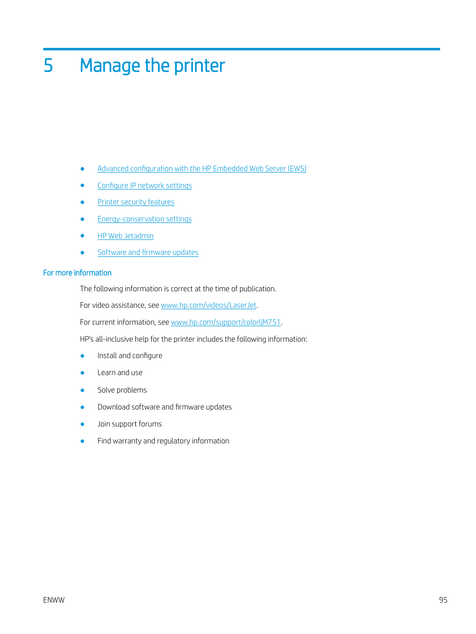 Manage the printer, 5 manage the printer, 5manage the printer | HP Color LaserJet Enterprise M751n Laser Printer User Manual | Page 105 / 190