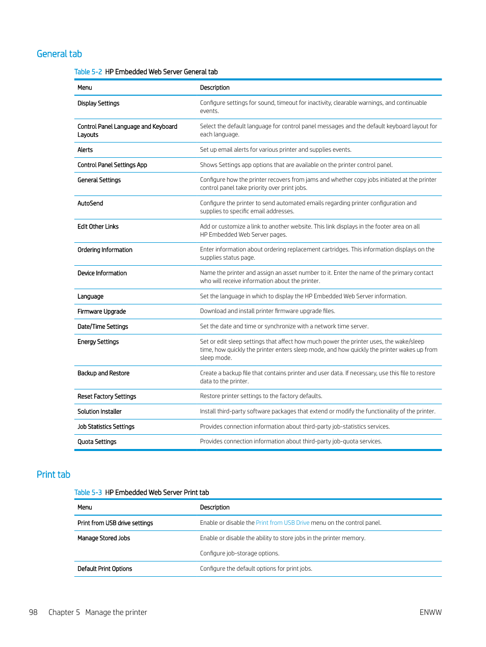 General tab, Print tab, General tab print tab | 98 chapter 5 manage the printer enww | HP Color LaserJet Enterprise M751n Laser Printer User Manual | Page 108 / 190