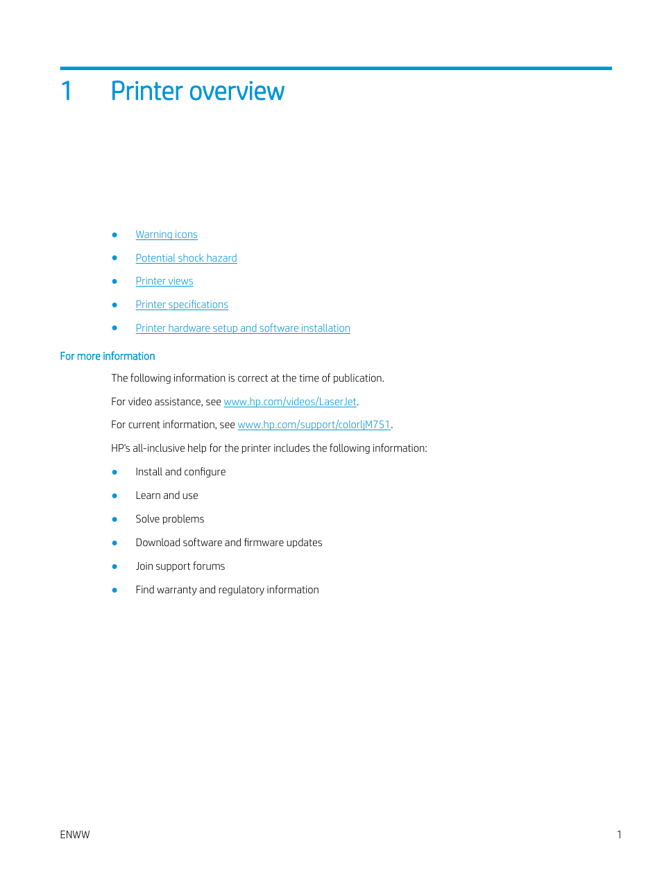 Printer overview, 1 printer overview, 1printer overview | HP Color LaserJet Enterprise M751n Laser Printer User Manual | Page 11 / 190