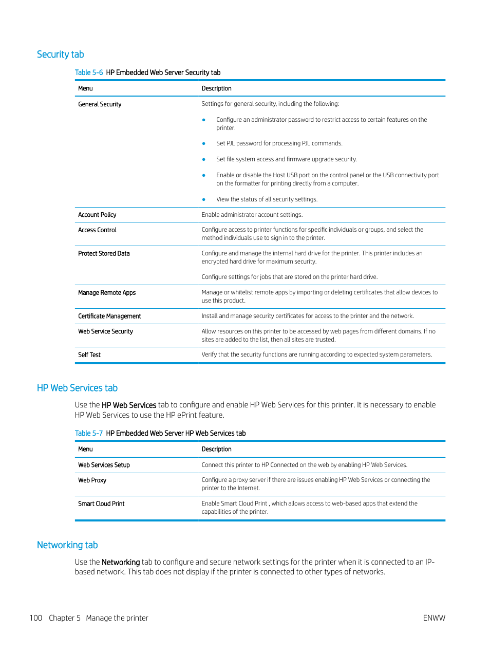 Security tab, Hp web services tab, Networking tab | Security tab hp web services tab networking tab | HP Color LaserJet Enterprise M751n Laser Printer User Manual | Page 110 / 190