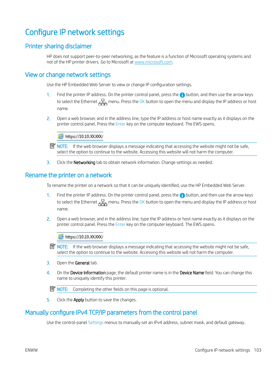 Configure ip network settings, Printer sharing disclaimer, View or change network settings | Rename the printer on a network | HP Color LaserJet Enterprise M751n Laser Printer User Manual | Page 113 / 190