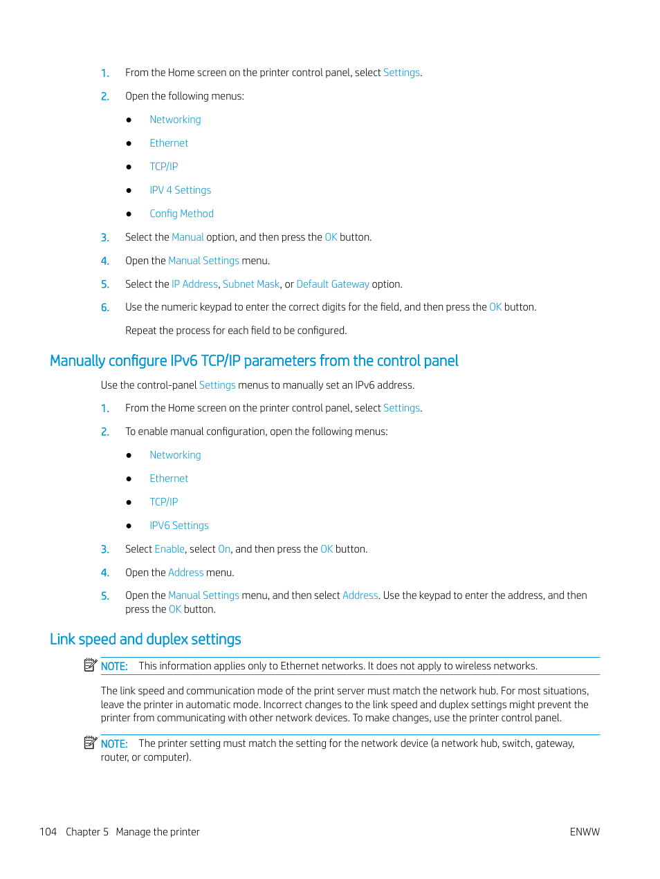 Link speed and duplex settings | HP Color LaserJet Enterprise M751n Laser Printer User Manual | Page 114 / 190