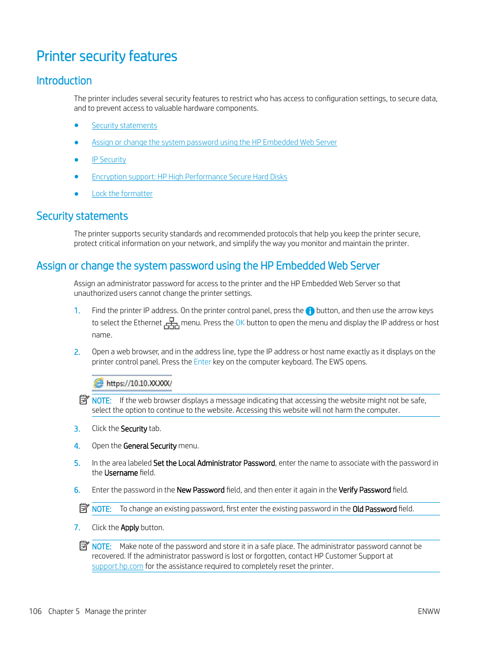 Printer security features, Introduction, Security statements | HP Color LaserJet Enterprise M751n Laser Printer User Manual | Page 116 / 190