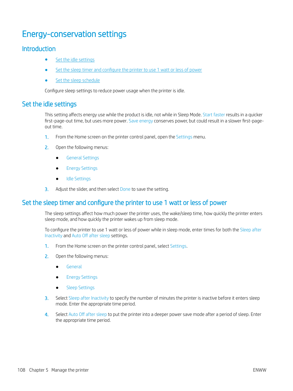 Energy-conservation settings, Introduction, Set the idle settings | HP Color LaserJet Enterprise M751n Laser Printer User Manual | Page 118 / 190