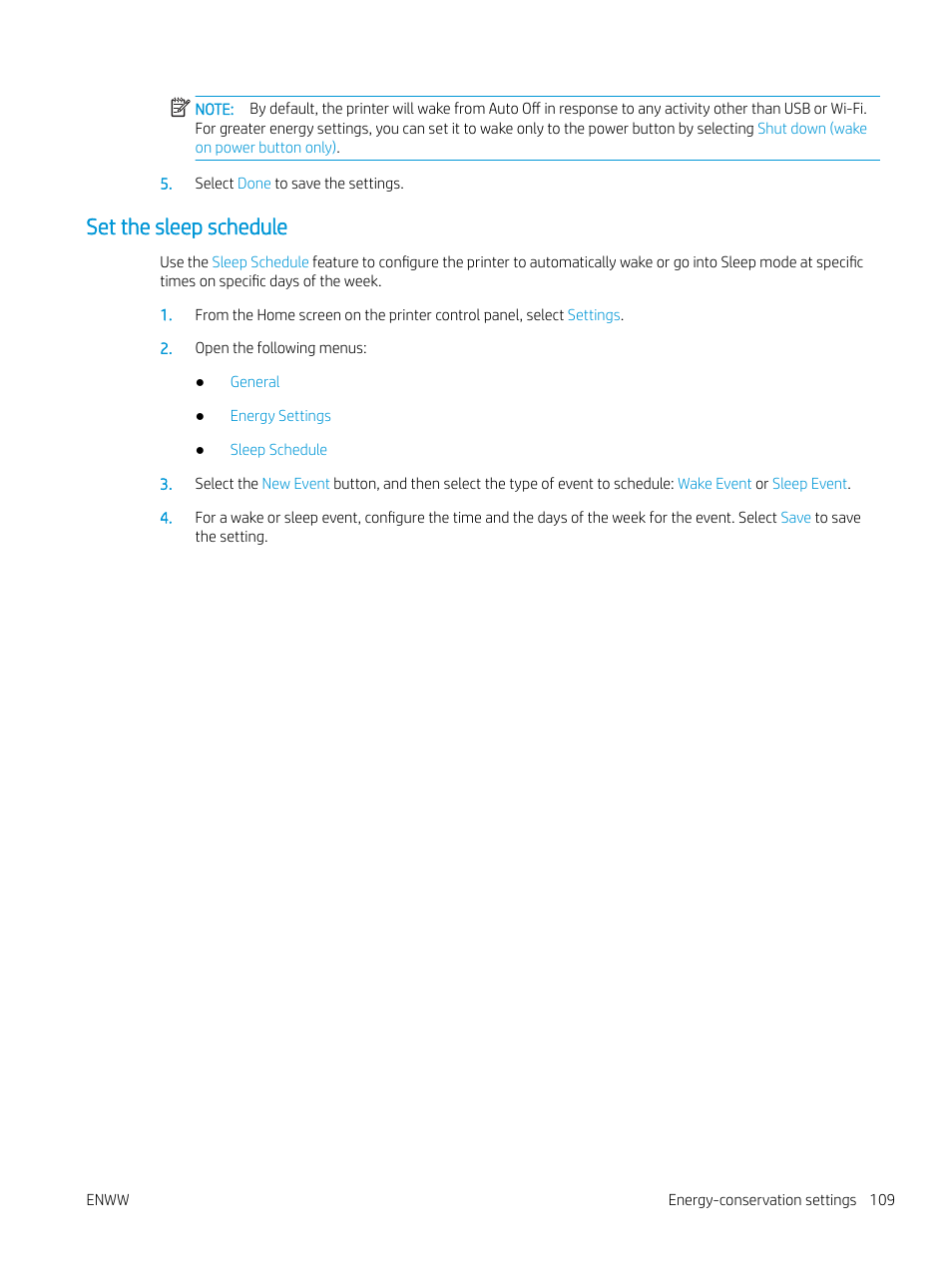 Set the sleep schedule | HP Color LaserJet Enterprise M751n Laser Printer User Manual | Page 119 / 190