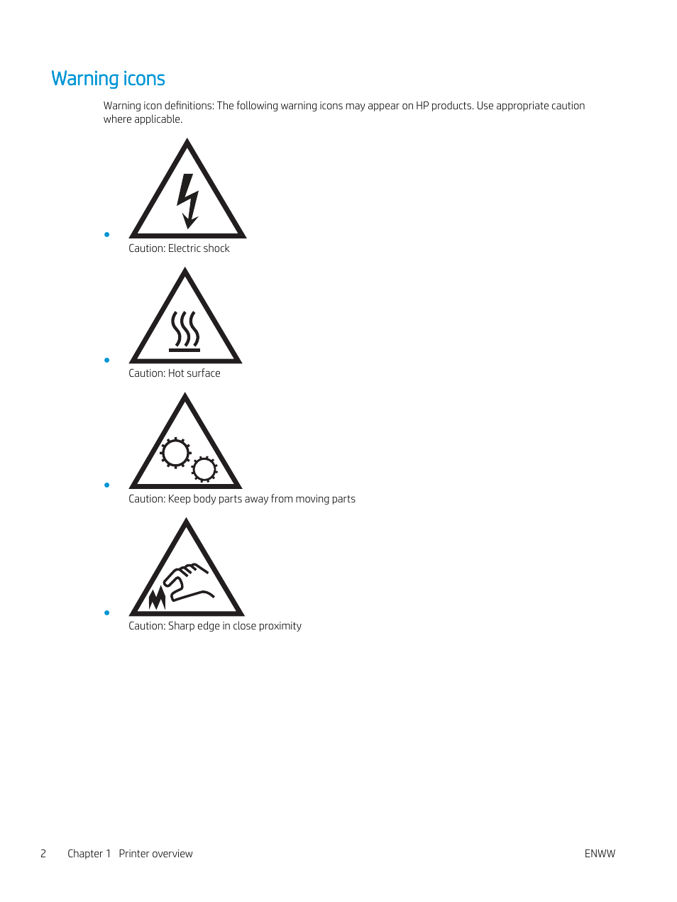 Warning icons | HP Color LaserJet Enterprise M751n Laser Printer User Manual | Page 12 / 190