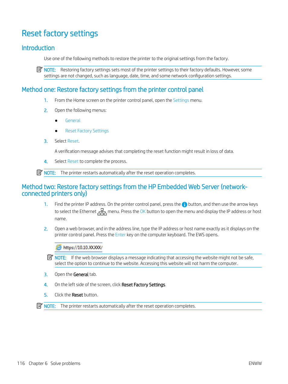 Reset factory settings, Introduction | HP Color LaserJet Enterprise M751n Laser Printer User Manual | Page 126 / 190