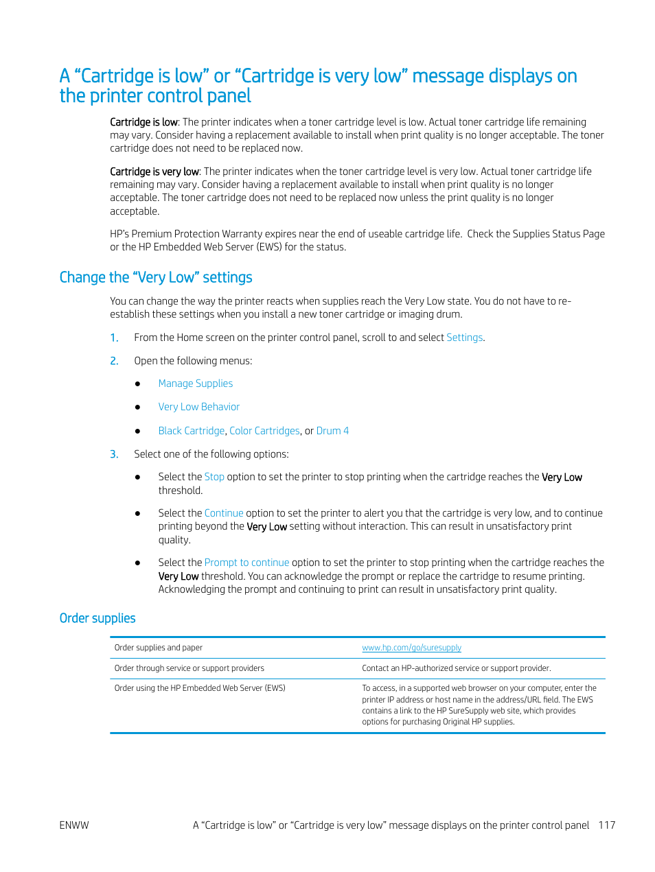 Change the “very low” settings, Order supplies | HP Color LaserJet Enterprise M751n Laser Printer User Manual | Page 127 / 190