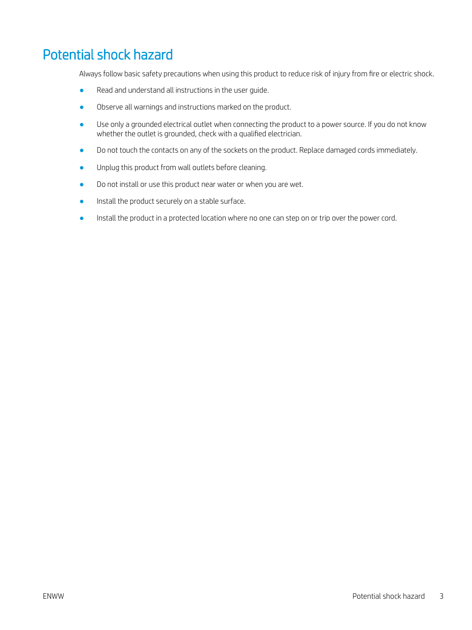 Potential shock hazard | HP Color LaserJet Enterprise M751n Laser Printer User Manual | Page 13 / 190