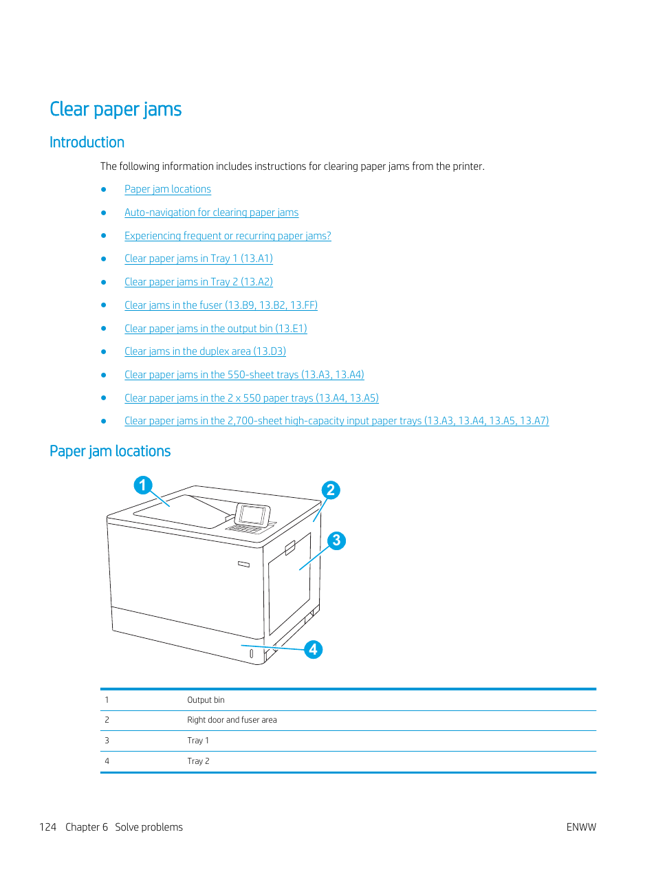 Clear paper jams, Introduction, Paper jam locations | Introduction paper jam locations, Paper jam locations 1 2 3 4 | HP Color LaserJet Enterprise M751n Laser Printer User Manual | Page 134 / 190