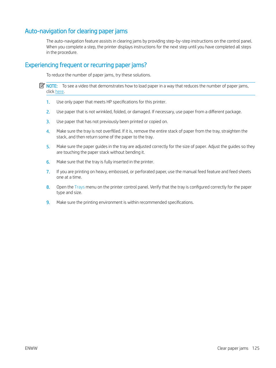 Auto-navigation for clearing paper jams, Experiencing frequent or recurring paper jams | HP Color LaserJet Enterprise M751n Laser Printer User Manual | Page 135 / 190