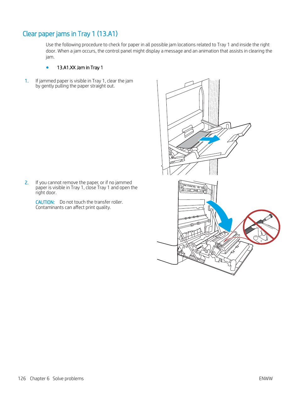 Clear paper jams in tray 1 (13.a1) | HP Color LaserJet Enterprise M751n Laser Printer User Manual | Page 136 / 190