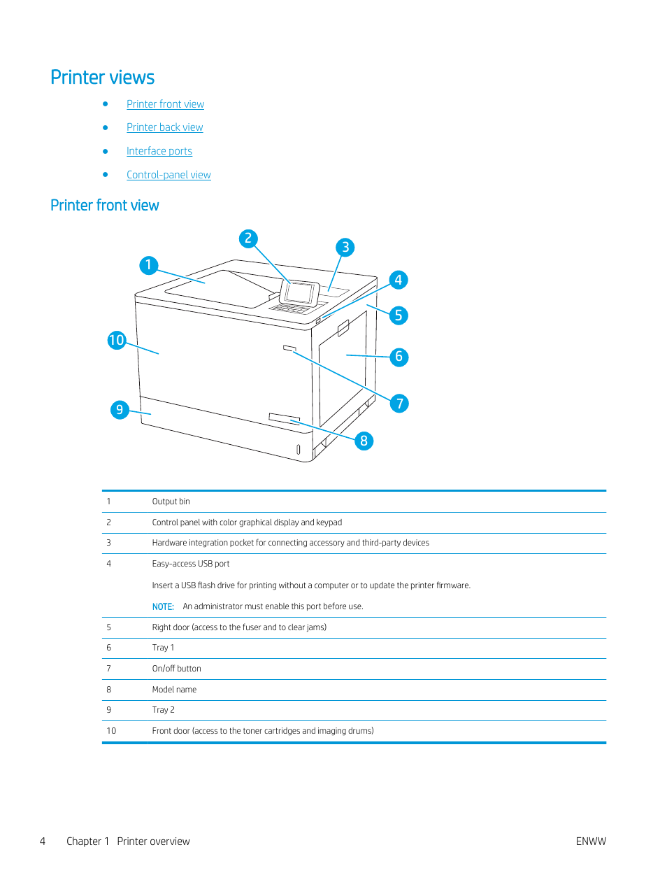 Printer views, Printer front view | HP Color LaserJet Enterprise M751n Laser Printer User Manual | Page 14 / 190