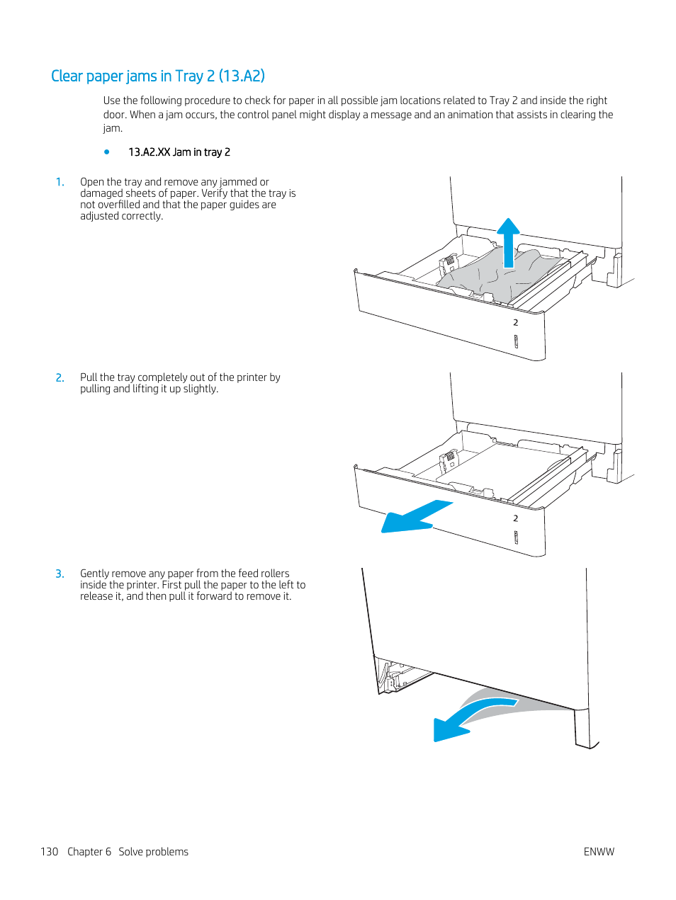 Clear paper jams in tray 2 (13.a2) | HP Color LaserJet Enterprise M751n Laser Printer User Manual | Page 140 / 190