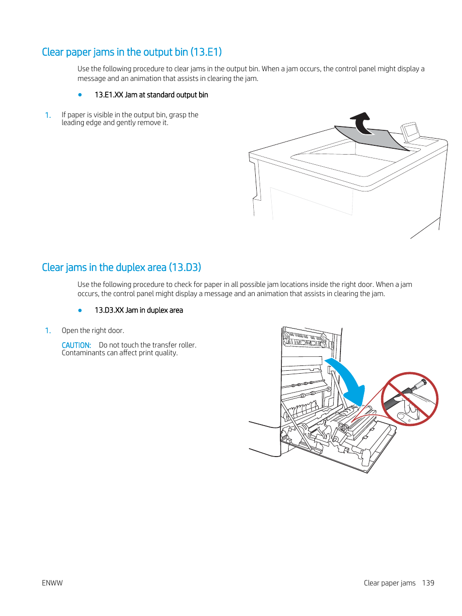 Clear paper jams in the output bin (13.e1), Clear jams in the duplex area (13.d3) | HP Color LaserJet Enterprise M751n Laser Printer User Manual | Page 149 / 190