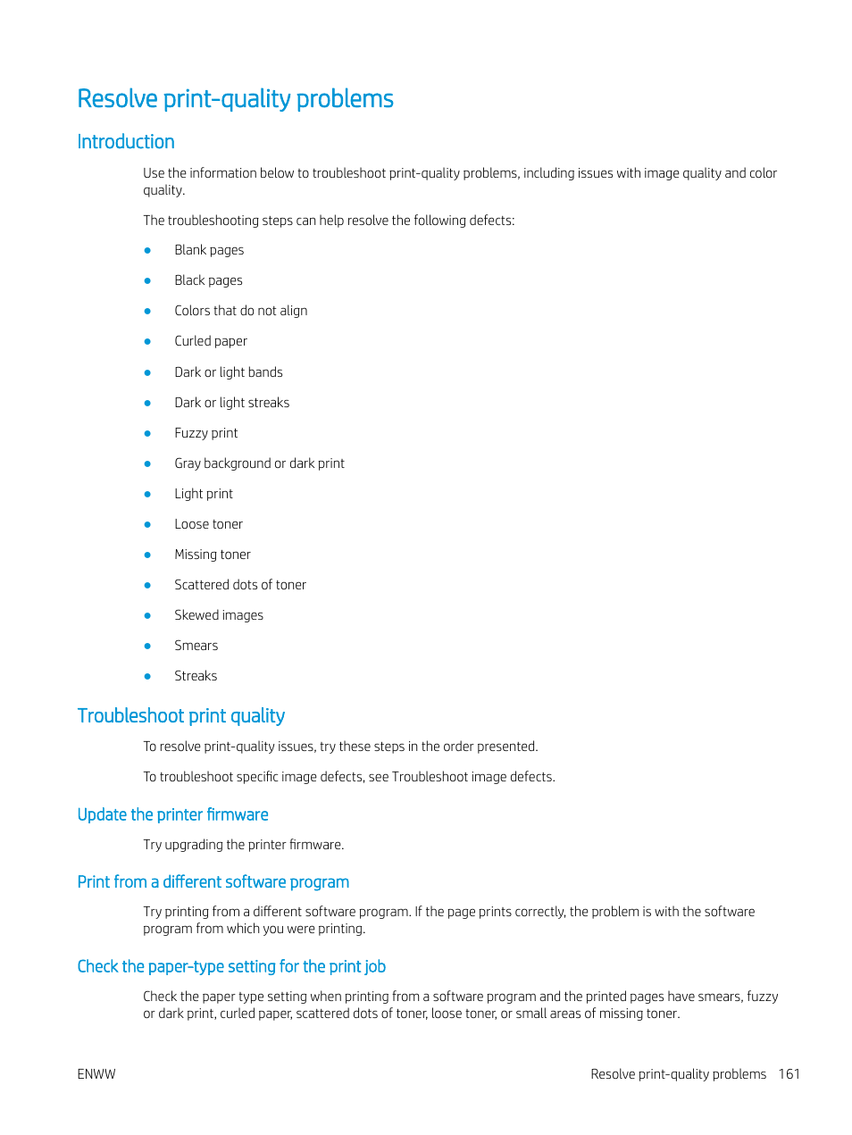 Resolve print-quality problems, Introduction, Troubleshoot print quality | Update the printer firmware, Print from a different software program, Check the paper-type setting for the print job, Introduction troubleshoot print quality | HP Color LaserJet Enterprise M751n Laser Printer User Manual | Page 171 / 190