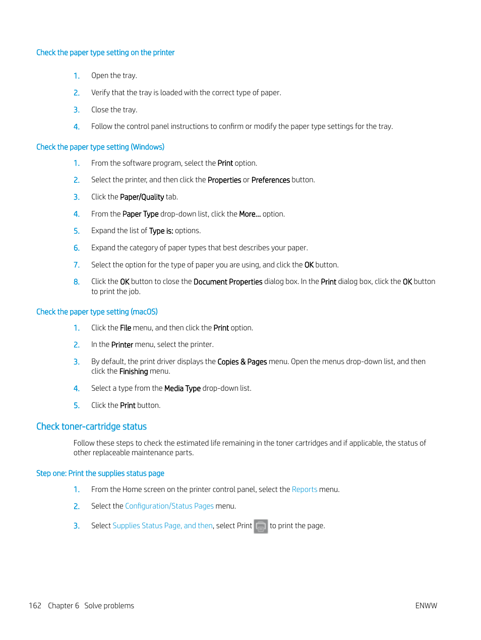 Check the paper type setting on the printer, Check the paper type setting (windows), Check the paper type setting (macos) | Check toner-cartridge status | HP Color LaserJet Enterprise M751n Laser Printer User Manual | Page 172 / 190