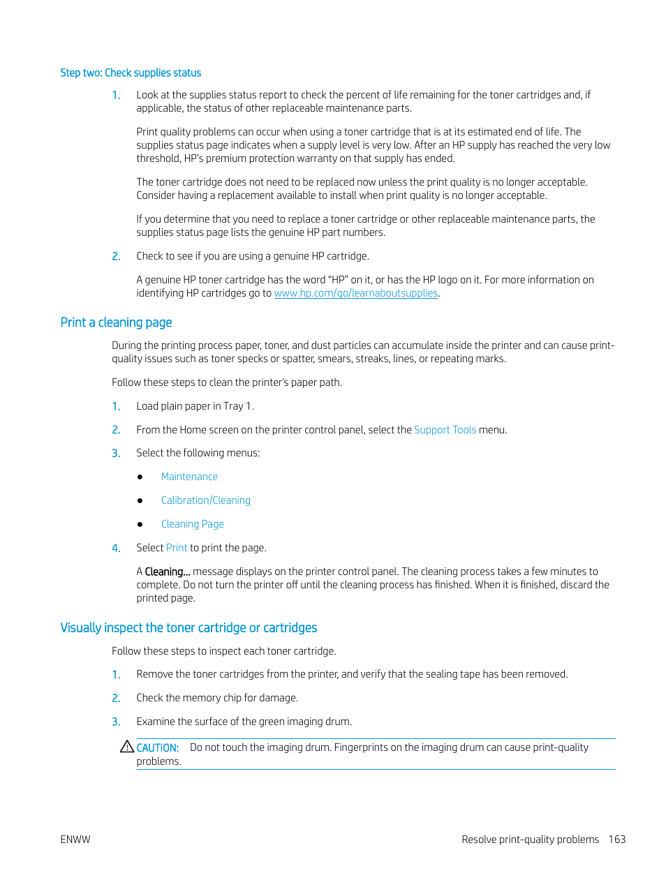 Visually inspect the toner cartridge or cartridges | HP Color LaserJet Enterprise M751n Laser Printer User Manual | Page 173 / 190