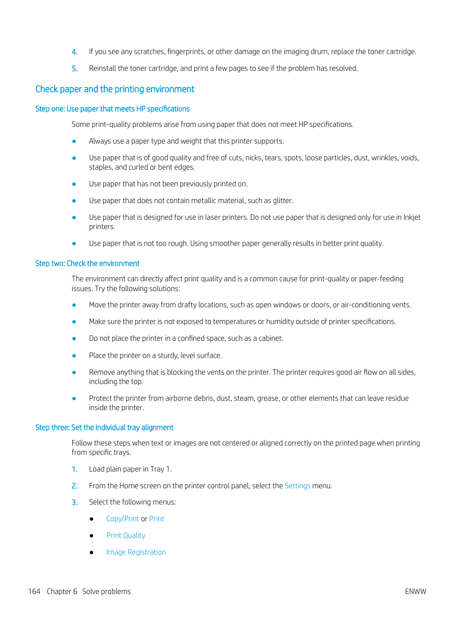 Check paper and the printing environment, Step one: use paper that meets hp specifications, Step two: check the environment | Step three: set the individual tray alignment | HP Color LaserJet Enterprise M751n Laser Printer User Manual | Page 174 / 190