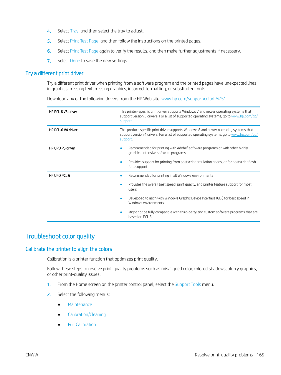 Try a different print driver, Troubleshoot color quality, Calibrate the printer to align the colors | HP Color LaserJet Enterprise M751n Laser Printer User Manual | Page 175 / 190