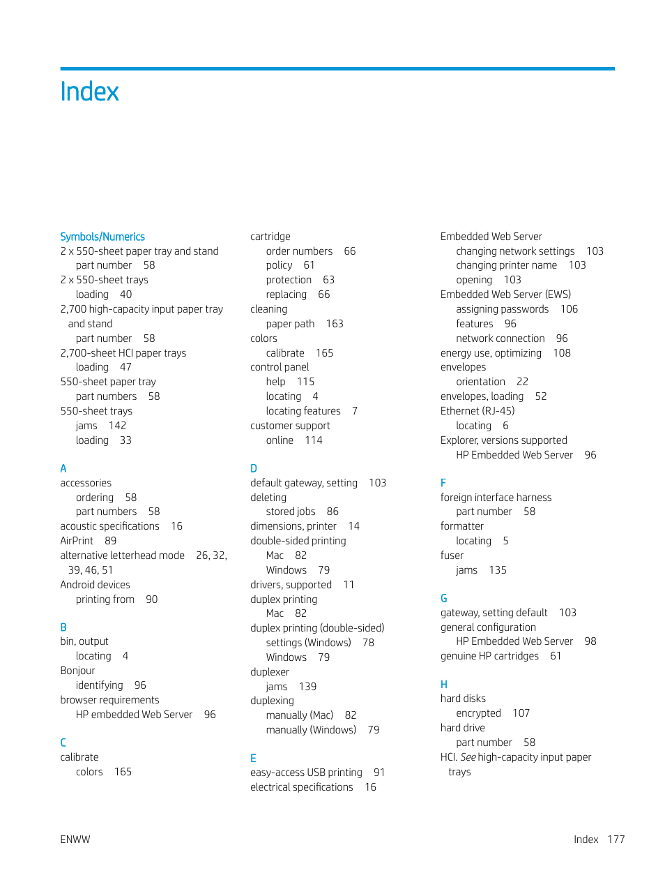 Index | HP Color LaserJet Enterprise M751n Laser Printer User Manual | Page 187 / 190