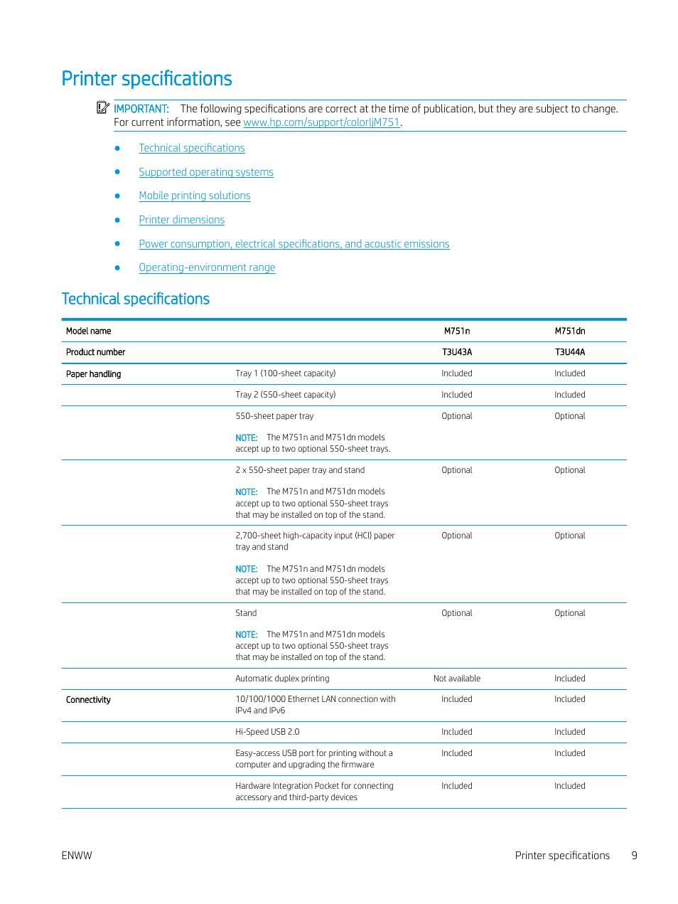 Printer specifications, Technical specifications | HP Color LaserJet Enterprise M751n Laser Printer User Manual | Page 19 / 190