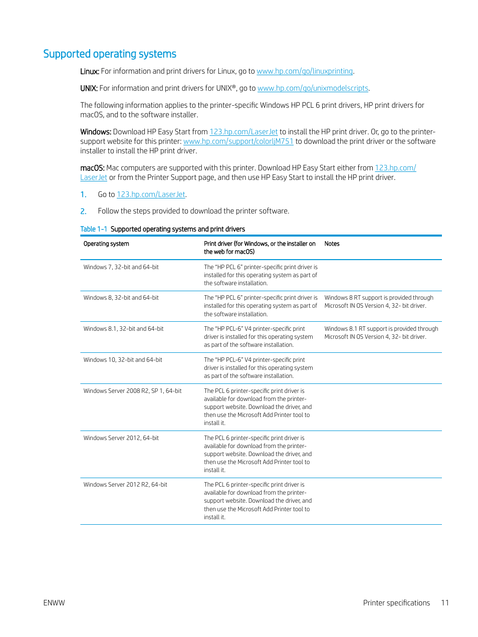 Supported operating systems | HP Color LaserJet Enterprise M751n Laser Printer User Manual | Page 21 / 190