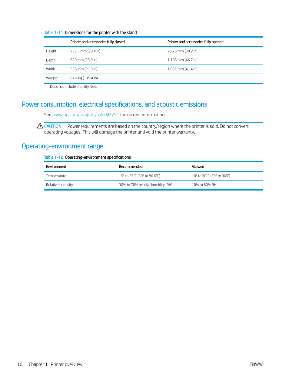 Operating-environment range | HP Color LaserJet Enterprise M751n Laser Printer User Manual | Page 26 / 190